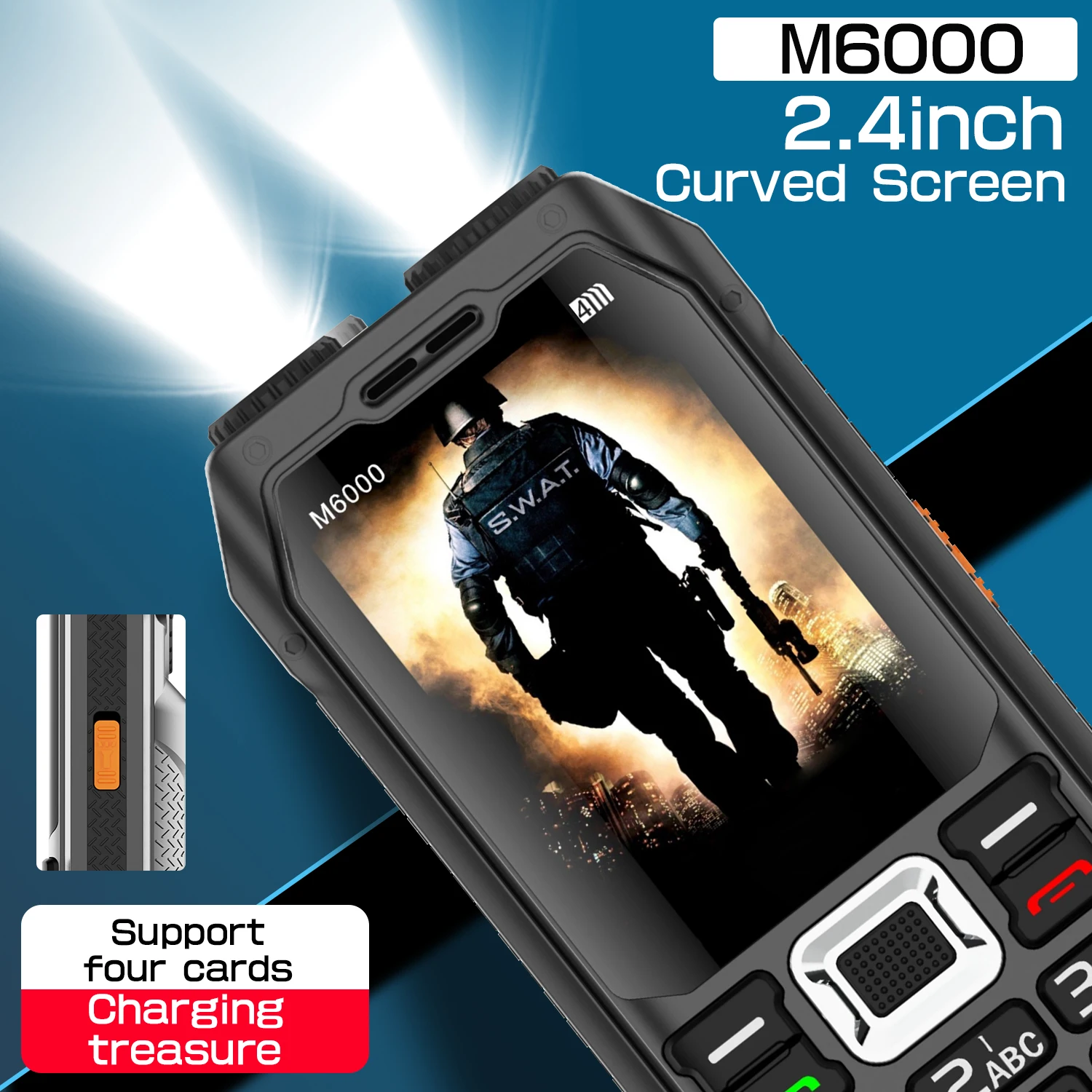 M6000 Brand New 2.4inches Four SIM Cards Mobile Phone Flashlight Loud Voice Big Battery FM Bluetooth Unlocked Feature Phone