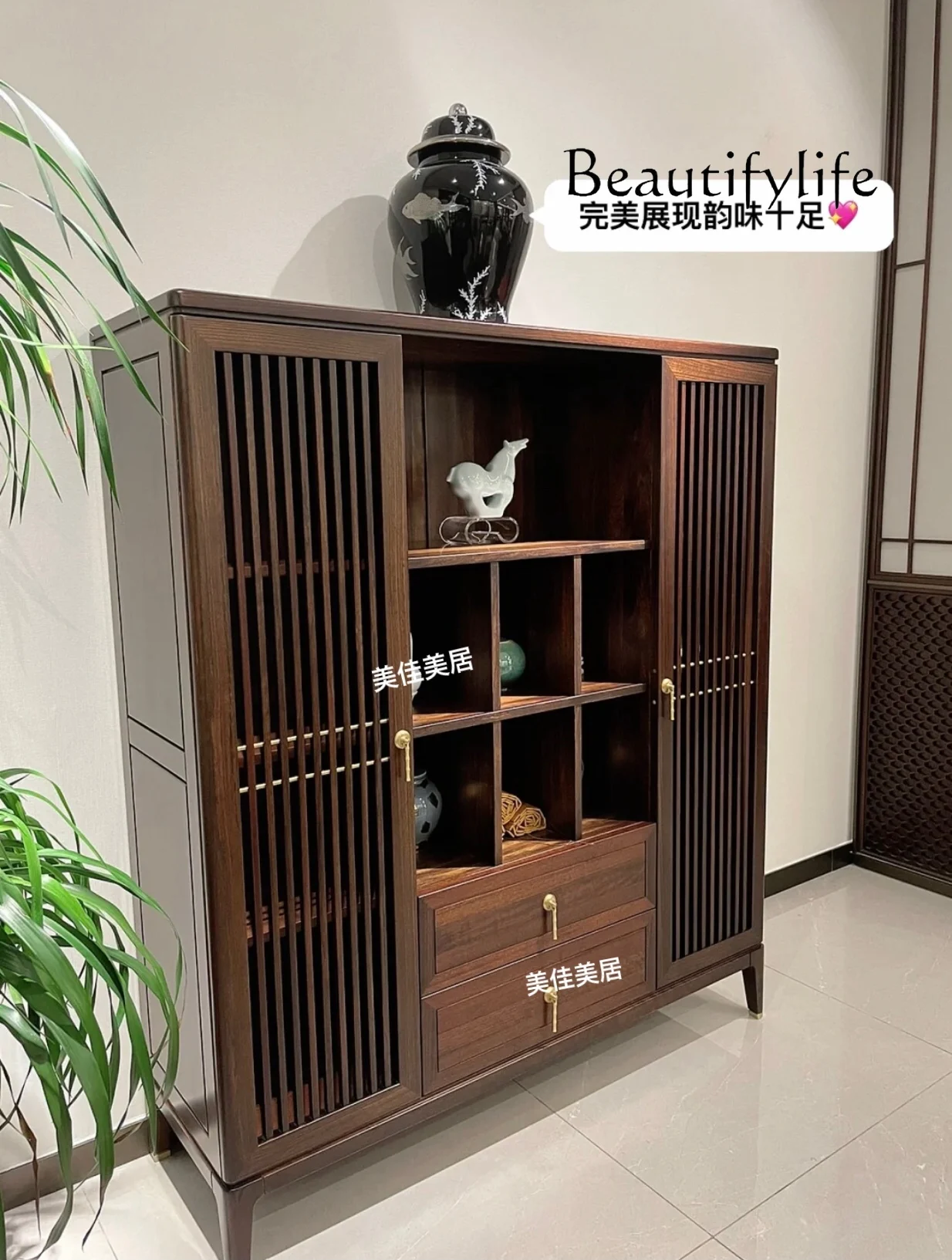 Chinese-Style Solid Wood Tea Set Storage Rack Living Room Wall Tea Locker Tea Side Cabinet