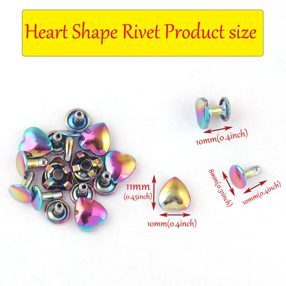 Rainbow Heart Shape Rivets - 10mm Metal Heart Rivet for Belt Clothes Purse Handbag Leather Craft DIY Handmade Accessories