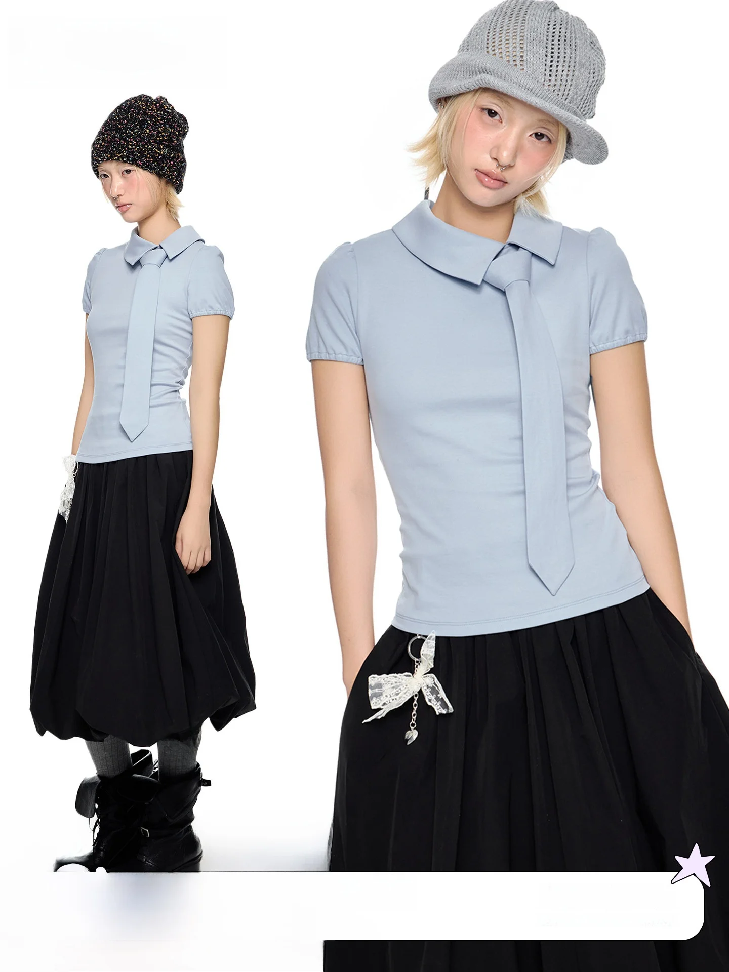 

EZEK Women's Slim Fit Short Sleeve T-Shirt Bubble Sleeve Knitted Top Sweet Personality Waist Cinching Summer New Style