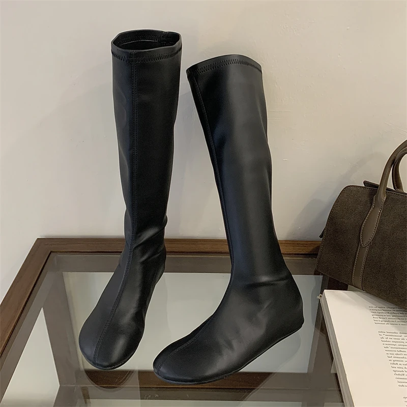 Aneikeh 2027 Fashion Women Black Stretch Sock Boots Round Toe Flat Sole Knee High Pull On Slim Fit Autumn Winter Footwear image 5