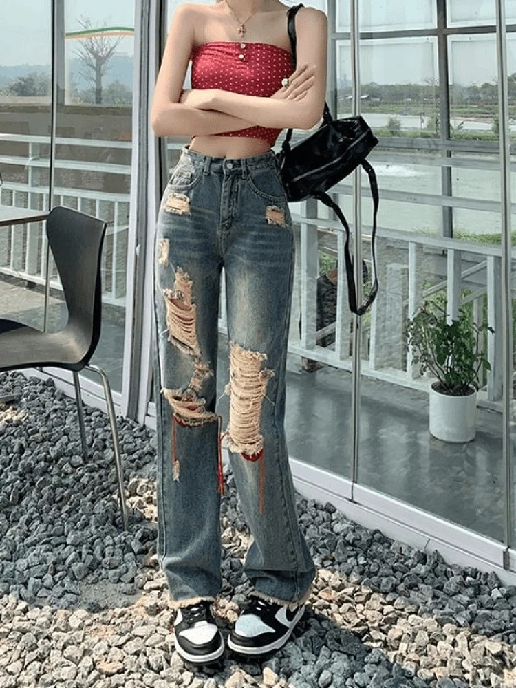 

Женские джинсы с высокой талией и широкими штанинами, свободного кроя, весна-лето, с эффектом похудения, с рваными элементами, сексуальные, длинные брюки