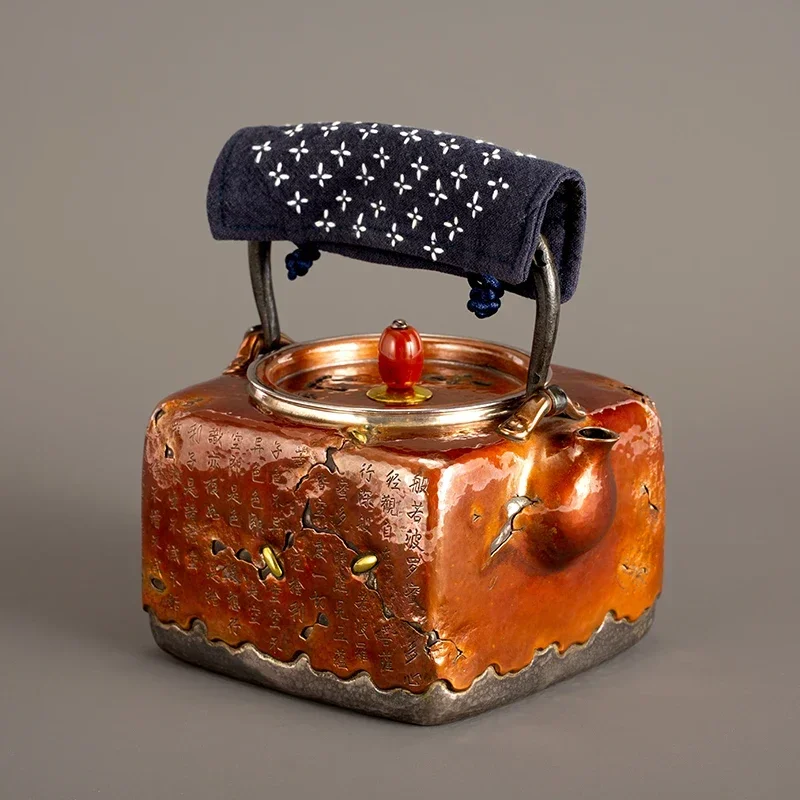 copper-wrapped silver pot feet sterling silver teapot Boil water Boil teapot Carving Heart Sutra Thousand feet of gold nails One