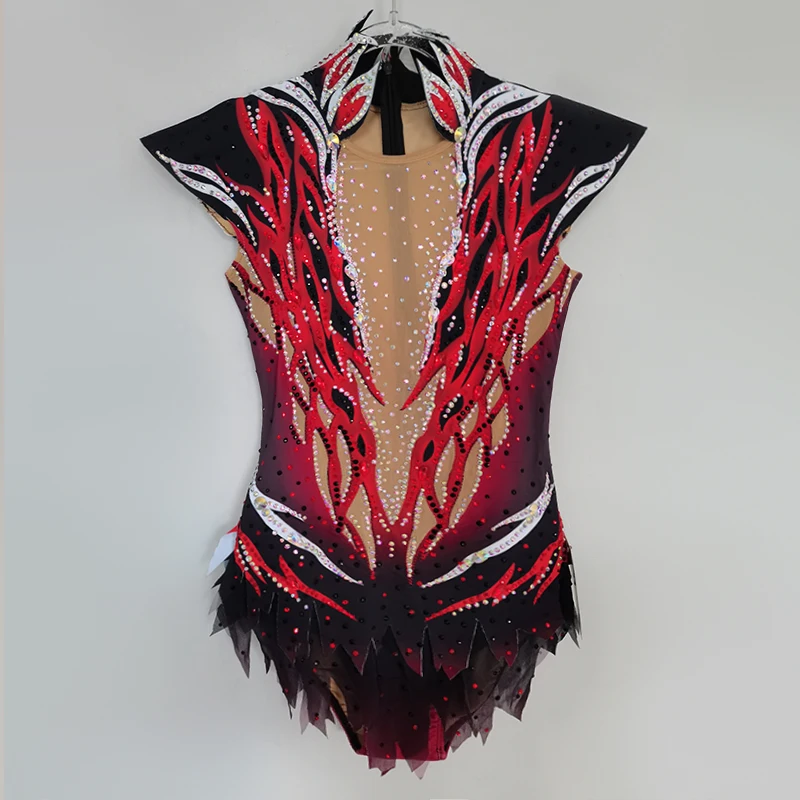 Kids Ice Skating Dress Girls Women Elegant Red Rhythmic Dress Competition rhinestone Leotard BDBD636