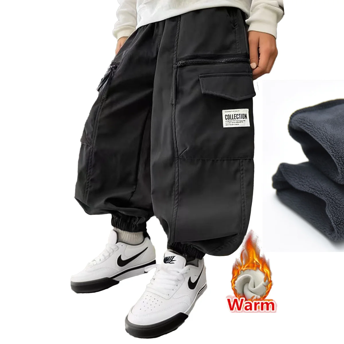 

Kids Winter Thick Cargo Pants For Boys Elastic Waist Casual Fleece-Lined Cargo Trousers For Child Insulated Sports Pants 4-13 Y