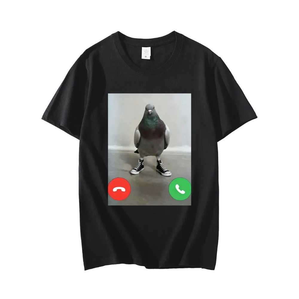 2026 Funny Stand Someone Up Meme Pigeon Incoming Call Graphic Print Black T-shirt Adults Cotton Short Sleeve Casual Tees