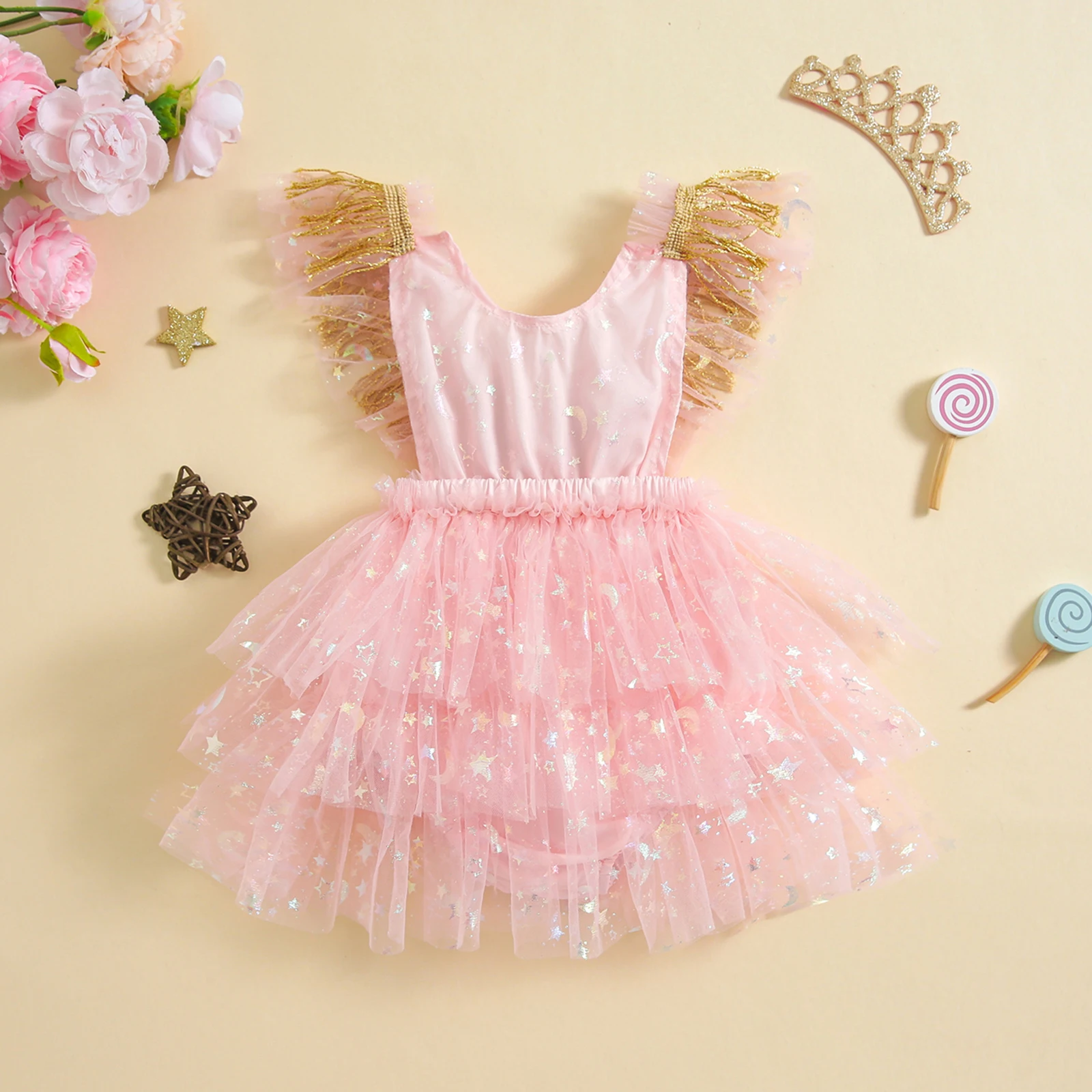 Toddler Baby Girl Summer Romper Cute Sleeveless Scoop Neck Star Moon Print Bodysuit Newborn Tulle Dress Children's Clothing