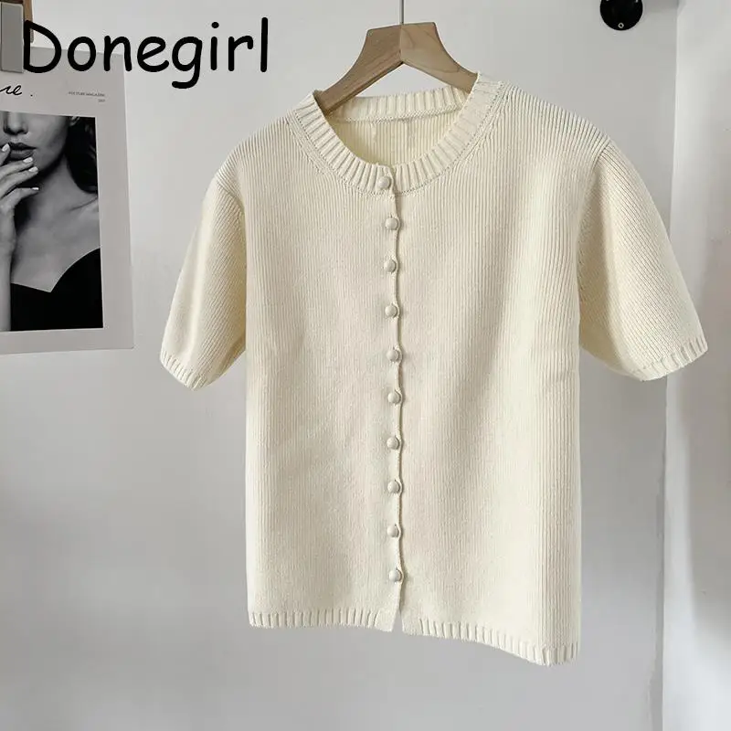 Donegirl Women 2023 New Short Sleeve Solid Single-breasted Button Short Knitted Sweater Cardigans Casual Slim Tops Female Chic