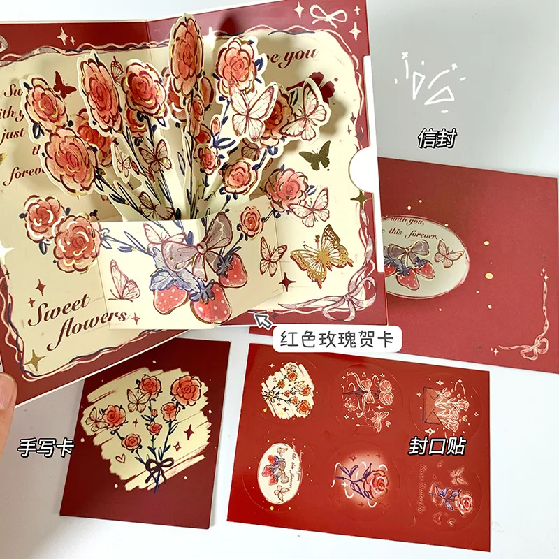 Surprised 3D Greeting Card Pop Up Love with Envelope Valentine's Day Card Rose Blessing Card Wife Girlfriend Gift