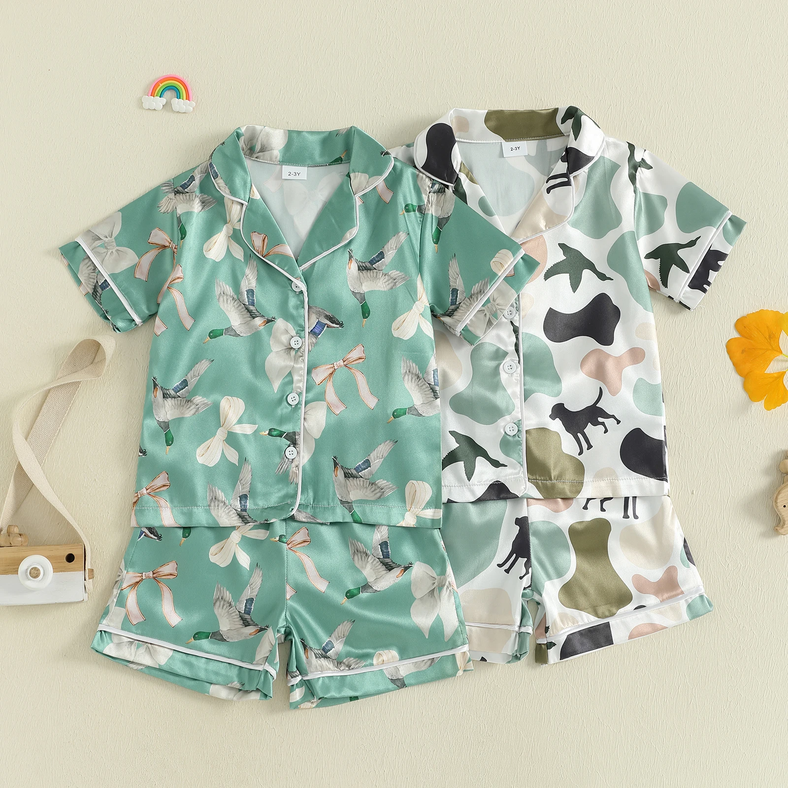 

SUNSIOM Kids Girls Pajamas Set Duck/Dog Print Short Sleeve Turn-down Collar Tops with Elastic Waist Shorts Sleepwear