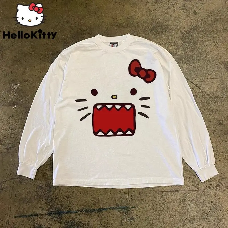 Sanrio Hello Kitty Creative Print Long Sleeve T-shirts Y2k Trend Clothes Women Cotton White Tops Couple Spring Loose Tee Shirt