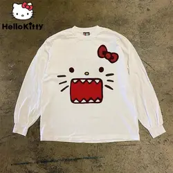 Sanrio Hello Kitty Creative Print Long Sleeve T-shirts Y2k Trend Clothes Women Cotton White Tops Couple Spring Loose Tee Shirt