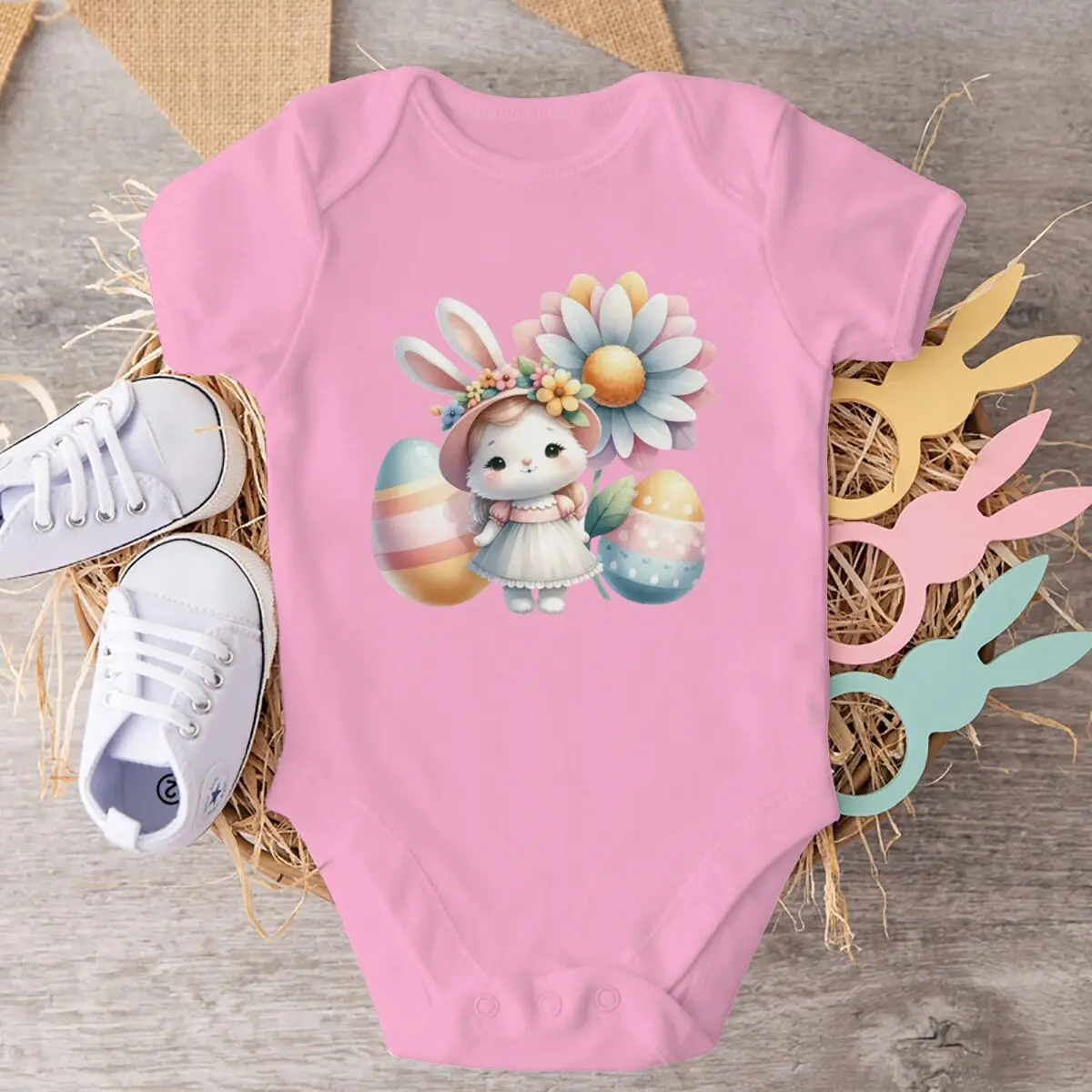 Easter Bunny Girl Onesie Soft Romper Flower & Easter Eggs Design Newborn Girl Boy Bodysuits Easter Eggs Cartoon Cotton Jumpsuit
