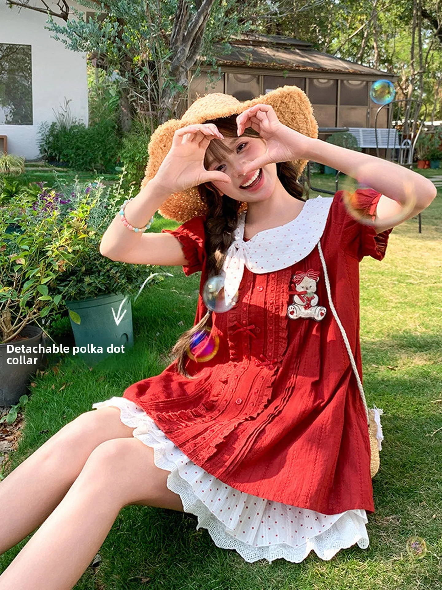 Cute Red Short Sleeve Doll Shirt Women's Loose Summer Top Sweet Style Bubble Sleeve Cotton Casual Fashion for Young Girls