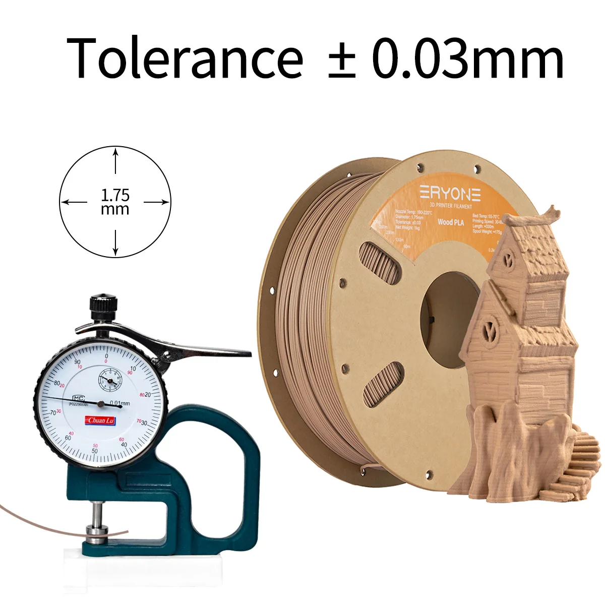 Eryone-filamento PLA de madera, carrete de alta calidad, Color claro (1KG/2,2 lbs)-1,75mm para impresora 3D FDM, 1kg, envío rápido