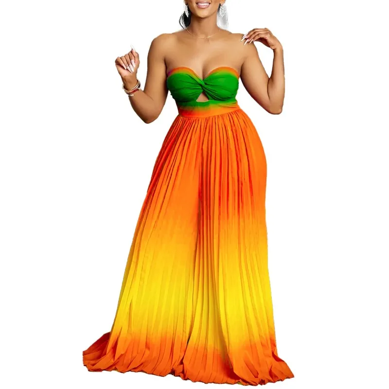 

African Clothes for Women Summer Sexy Sleeveless Blue Green Polyester Party Evening Long Pleat Jumpsuit Dashiki Africa Clothing