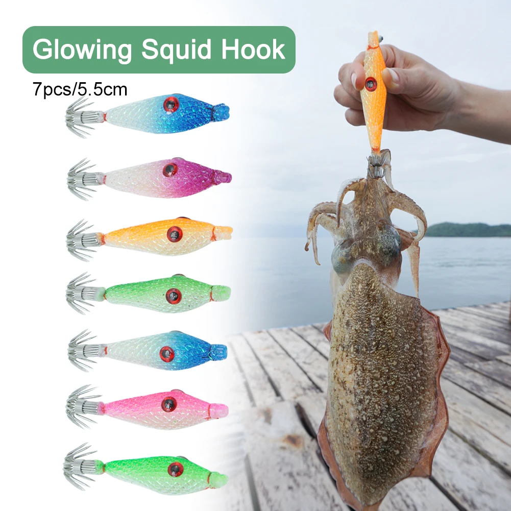 7 Pcs Fluorescent Fishing Lures Multi-Color Octopus Cuttlefish Fishing Bait 5.5cm Luminous Squid Jig Hooks Night Fishing Tackles