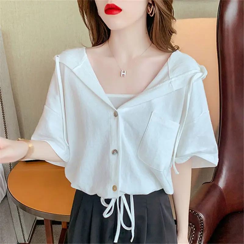 Women's Casual All-Match Hoodies, Monochromatic, Summer Clothes, Elegant Fashion Trend, Slim Short Sleeve Tshirt