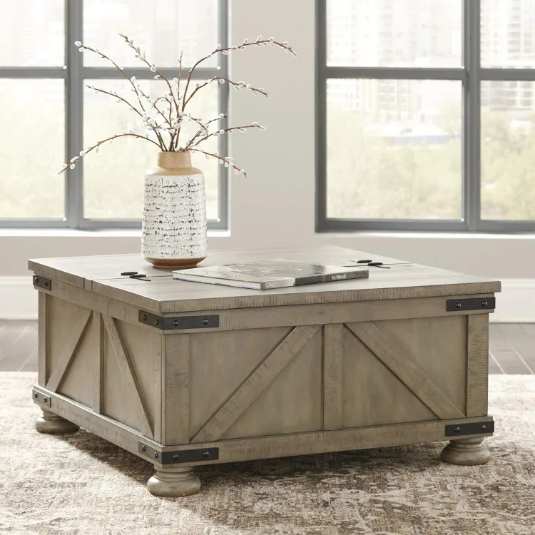 Aldwin Farmhouse Square Coffee Table with Lift Top for Storage, Grayish Brown