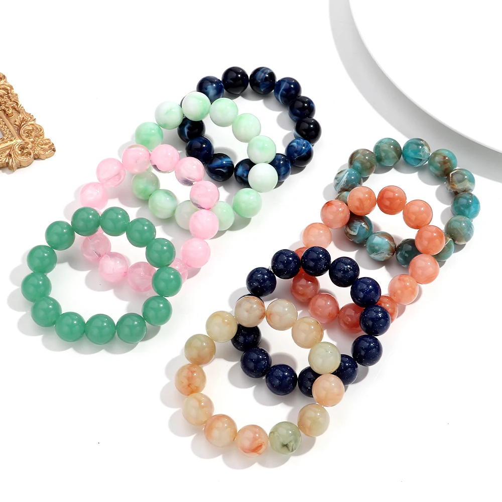 Böhmische Acryl-Armbänder mit bunten, marmorierten, elastischen, runden Perlen, trendige, geometrische, stapelbare Armreifen, Schmuck für Damen – Detail 3