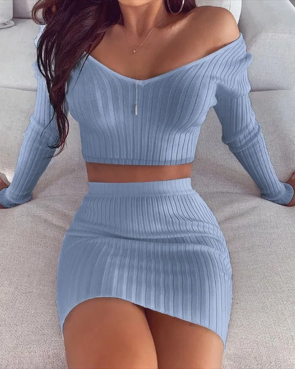 Striped Knit Two Piece Set Soft Women 2021 Autumm V Neck Slim Off the Shoulder Long Sleeve Elegant Ladies Suit