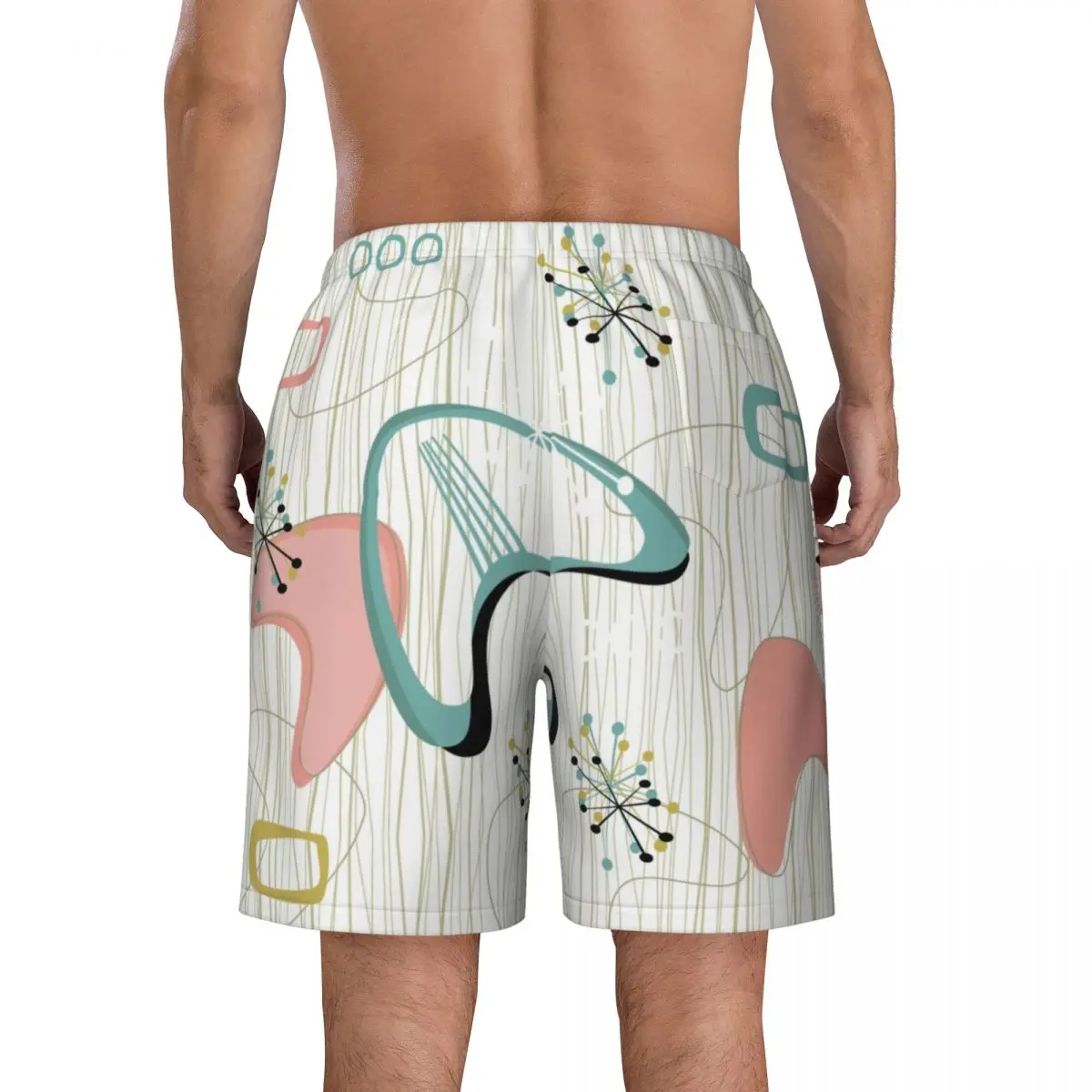 Retro Eames Era Atomic Inspired Board Shorts para hombre, pantalones cortos de playa informales, calzoncillos geométricos abstractos de mediados de siglo, bañadores de secado rápido