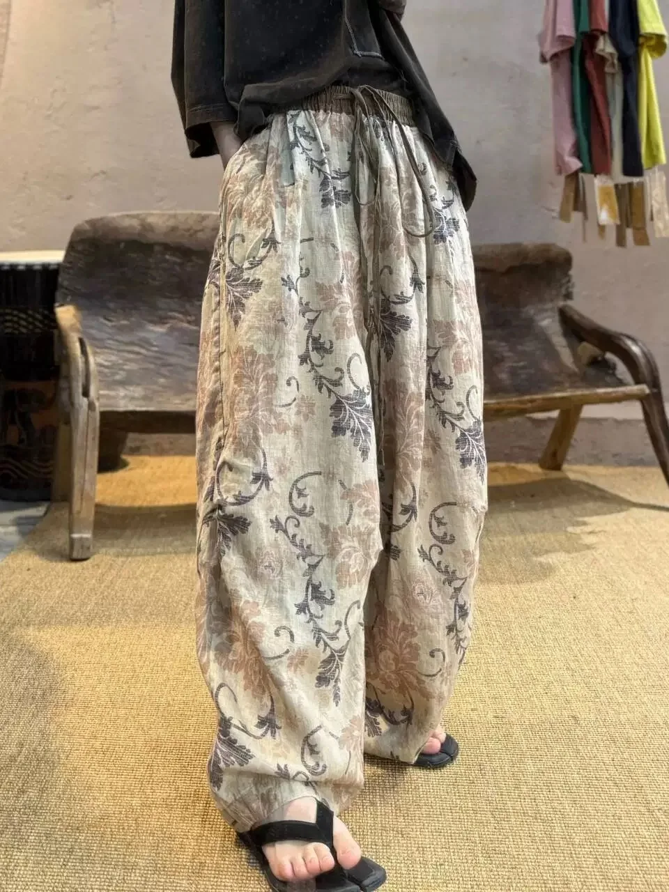 

Summer New Sle Loose Elastic Waist Trousers Women's Casual Artistic Pleated Design Large Size Cotton Linen Print Pants