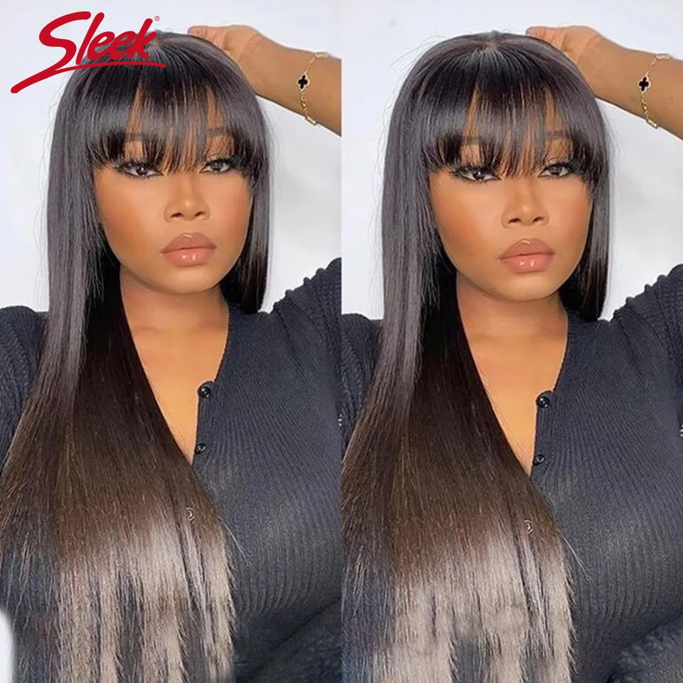 

Прямые парики из натуральных волос с челкой, перуанский натуральный черный цвет, 100% длинные парики из человеческих волос Remy, полный машинный парик для женщин