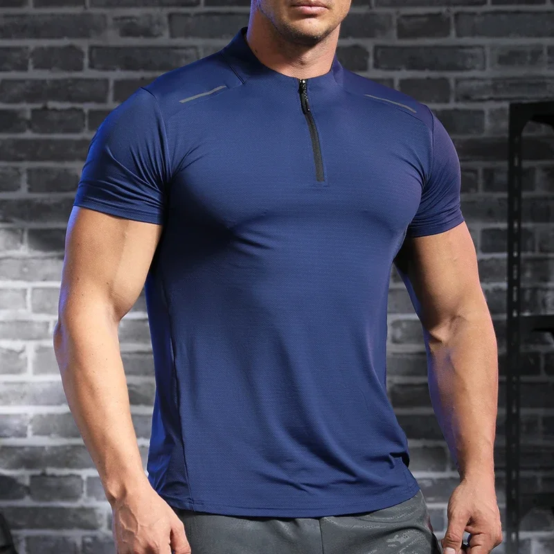 Męska koszulka fitness Ice Silk Sports Tight Tops Running Training Dry Fit Short Sleeve with Half Zip Bodybuilding Tee Muscle Fit T-shirt