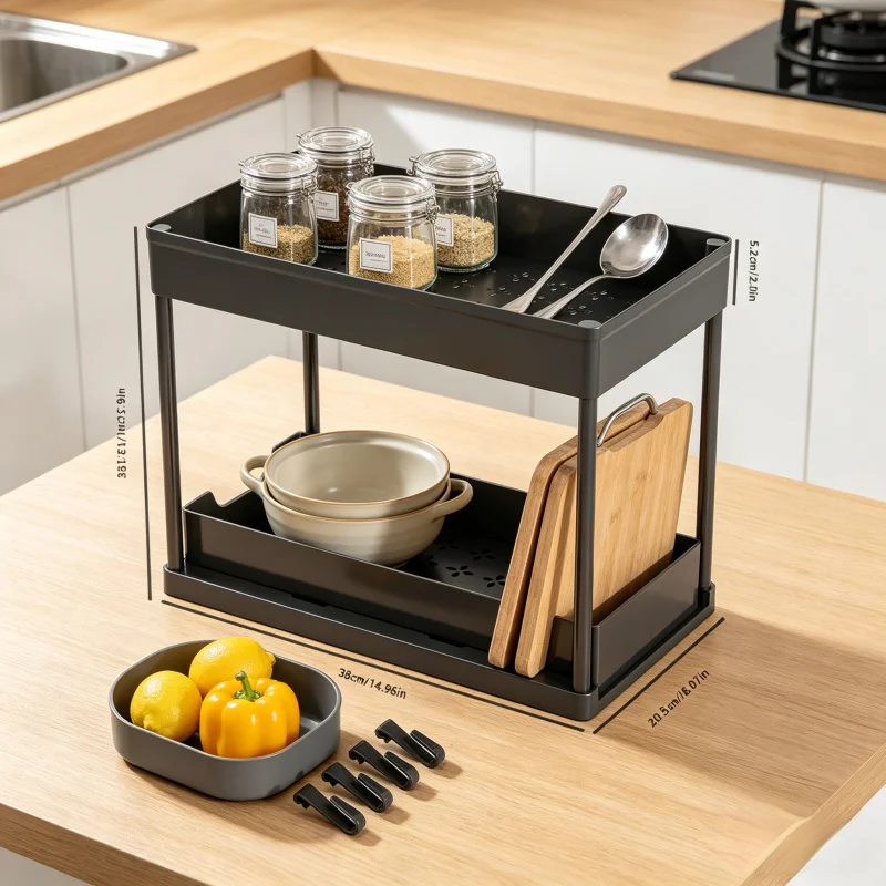 

2-Tier Sliding Under Sink Organizer – Cabinet Basket Storage Rack with Hooks & Hanging Cup – Bathroom Kitchen