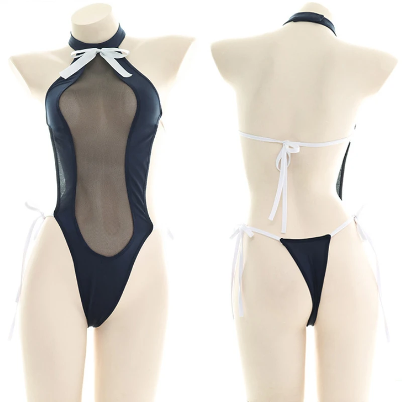 Sexy Mesh See Through One Piece Swimsuit Solid Amine Bandage Backless Swimwear Women Push Up Bikini Japanese Girls Bathing Suit