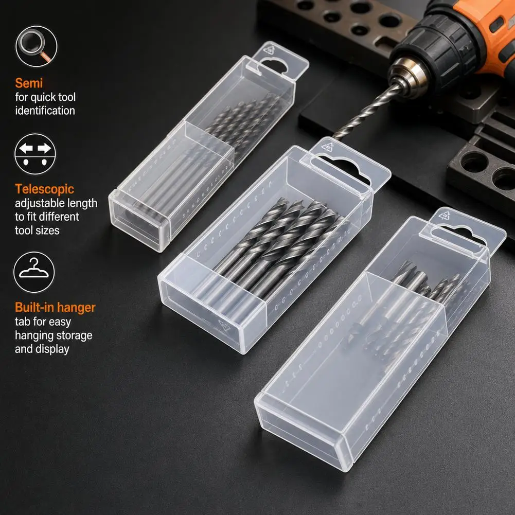 Expandable Tool Storage Box Transparent PP Plastic Case Adjustable Length Drill Bit Container with Hanging Hole for Twist Drills