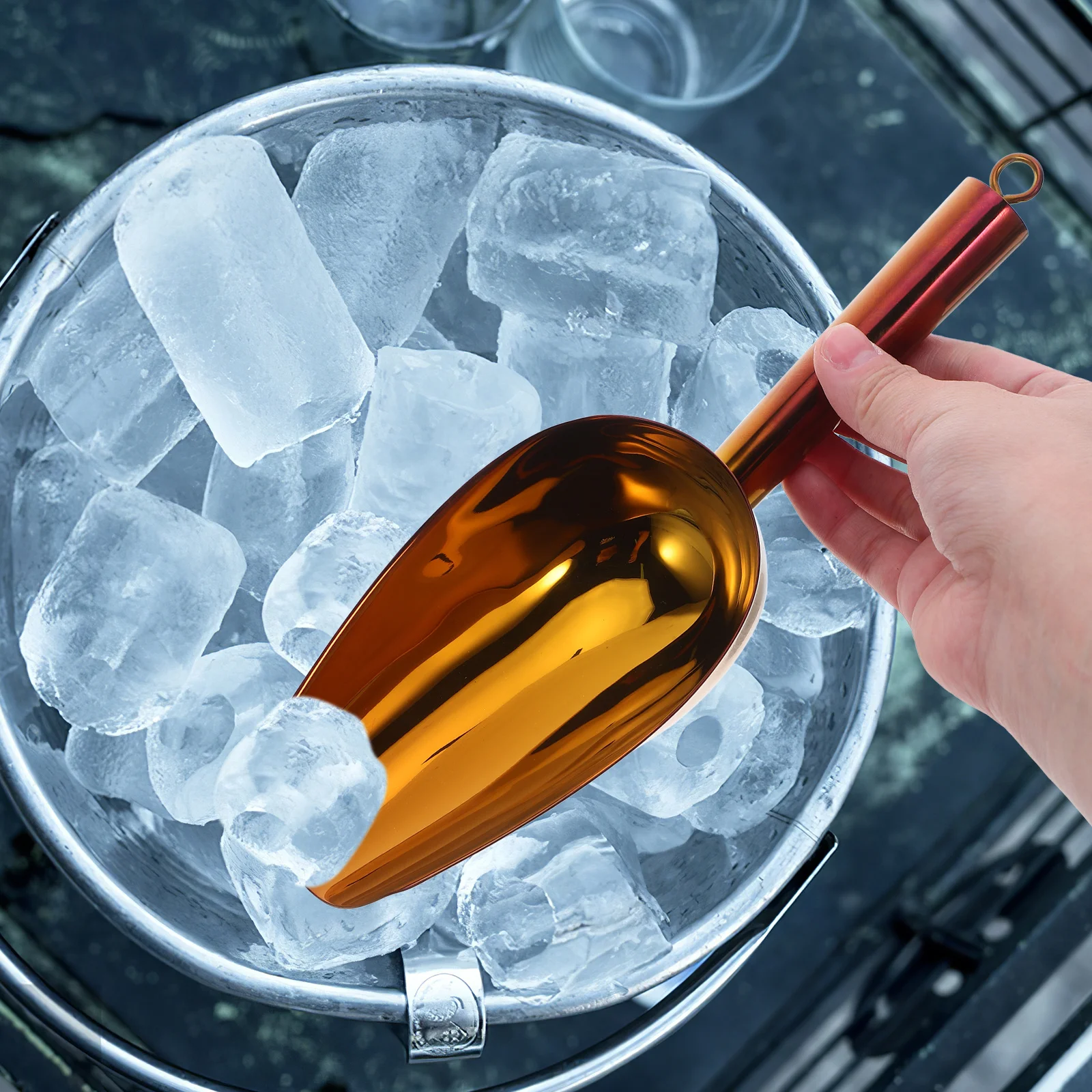 

Stainless Steel Ice Scoop Heavy Duty Kitchen Food Scoop Ergonomic Handle Space Saving Hook For Flour Tea Coffee Popcorn Serving