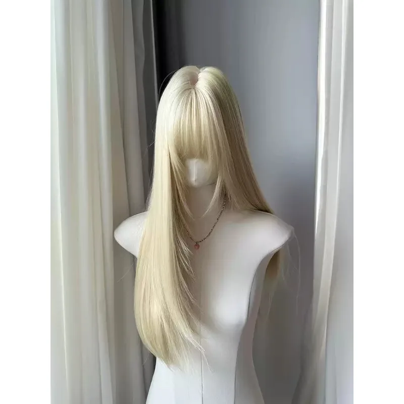 Light Golden Long Straight Wig Blunt Bangs High Layered Cut Y2K Punk Style Synthetic Hair Wig Cosplay Daily with Wig Cap