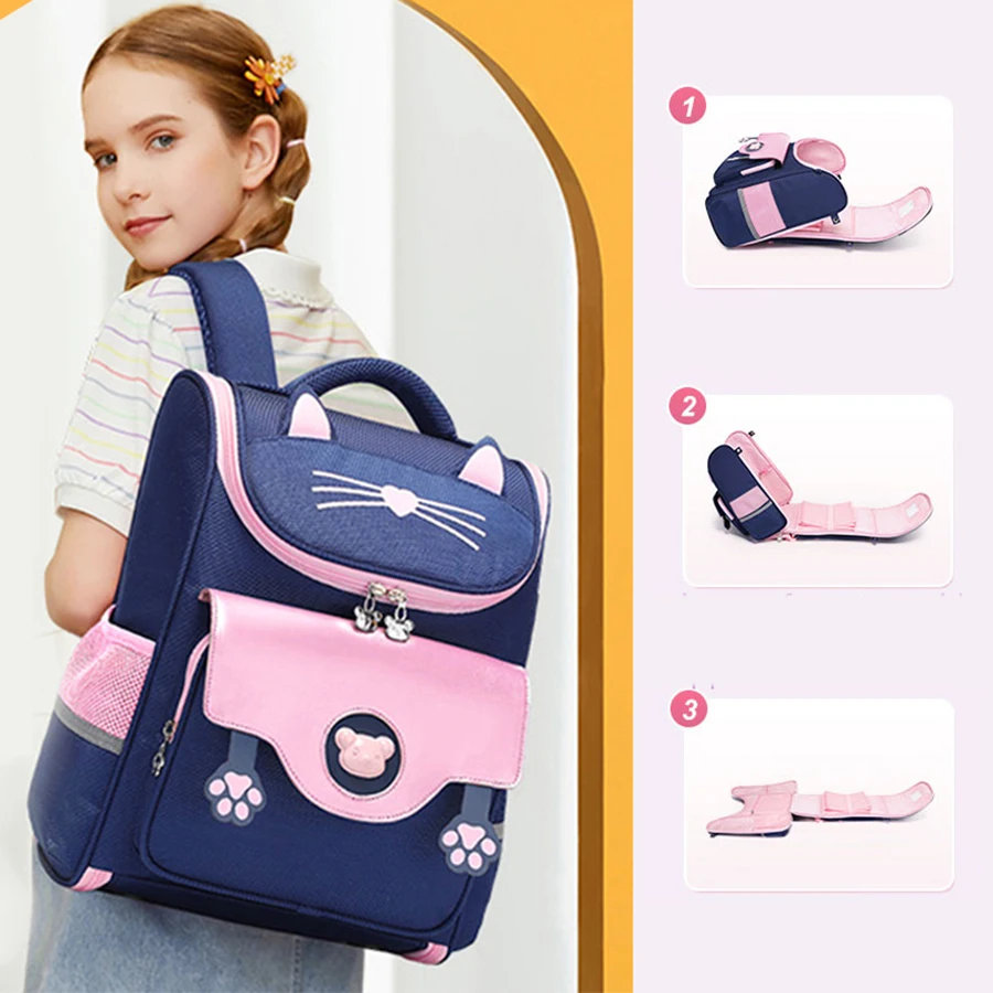 SUN EIGHT NEW 3D Cat Girl School Bags Orthopedic Back New  Satchels Waterproof Backpack Foldable