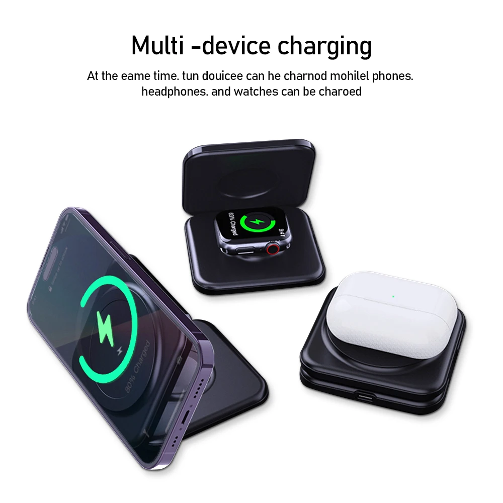 Magnetic Wireless Charger 3 in 1 Magsafe Fast Charging Station Foldable Phone Holder Stand for iPhone 16 15 Apple Watch Airpods