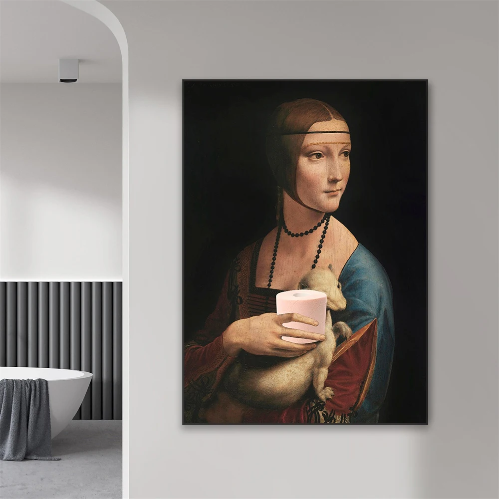 American Gothic Toilet Wall Art Posters Funny Venus With Toilet Paper Canvas Painting Altered Renaissance Art Print Toilet Decor