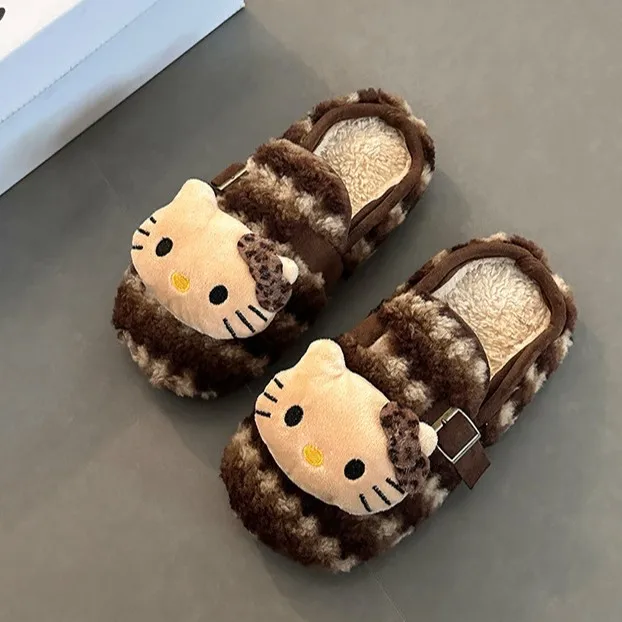 حار سانريو مرحبا كيتي فتاة Kawaii الصوف مبطن النعال طالب الخريف والشتاء موضة الكرتون في الهواء الطلق نعال من القطن جديد #4