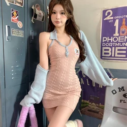 Korean Style Preppy Style Prom Dresses for Women, Long Sleeve, Cardigan, Sexy Knitted Vest, Sweater, Autumn ,Winter, New, 2023