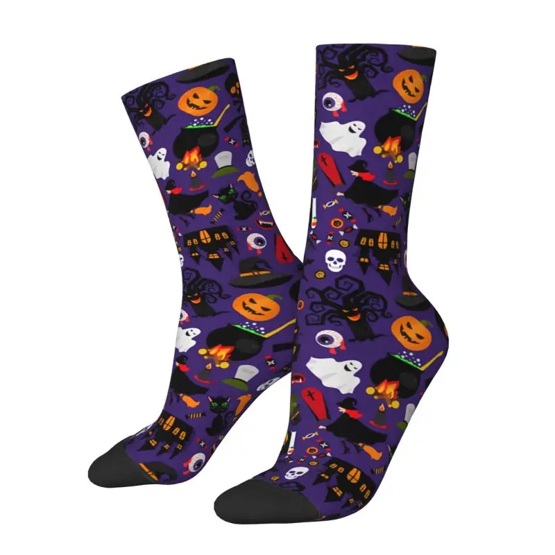 

Custom Cute Printed Witch Halloween Candy Bat Black Cat Socks for Men Women Stretch Summer Autumn Winter Crew Socks