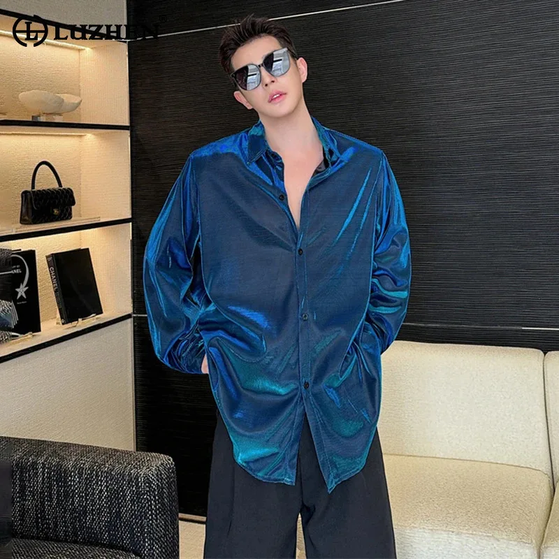 

LUZHEN Glossy Design Fashion Loose Long Sleeved Shirts Trendy Personality Elegant Handsome Party Men's Luxury Mature Tops LZ5179