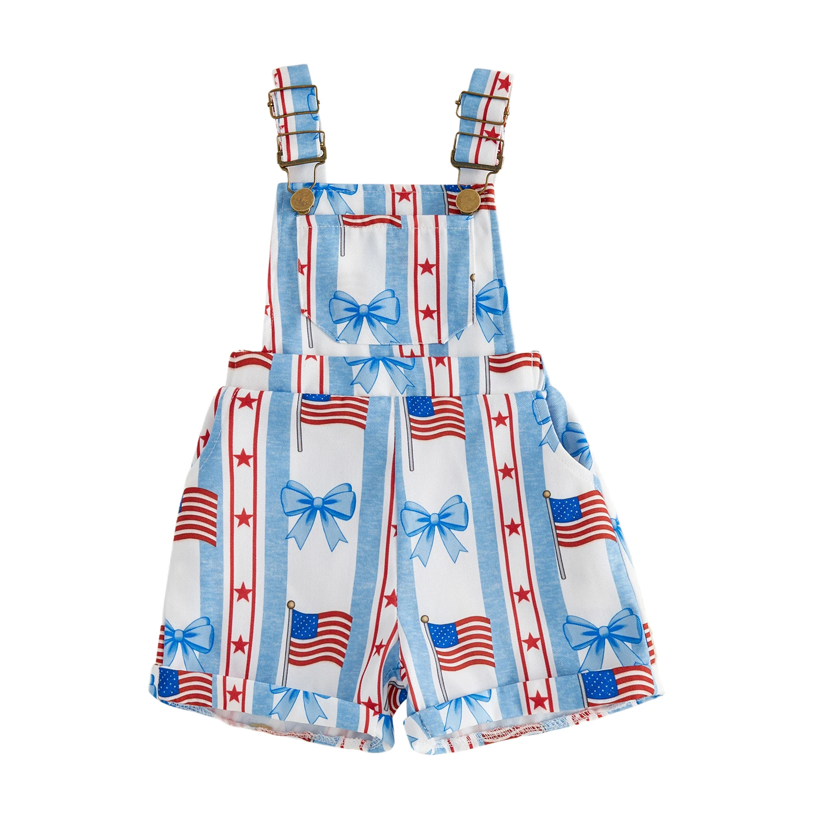Girls 4th of July Overalls Bow American Flag Print Sleeveless Jumpsuit Wide Strap Suspender Shorts