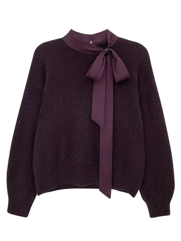 

LZY Know Music Autumn Winter Slim V-ne Design Knot Bear Knitwear Ele Faion Women's Long Sve Knitted Sweater