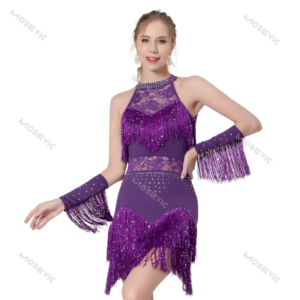 Elegantes Pailletten Perlen Quaste Latin Kleid mit Ärmeln für Frauen sexy Spitze aushöhlen Halfter funkelnde Rumba Cha-Cha Dance wear