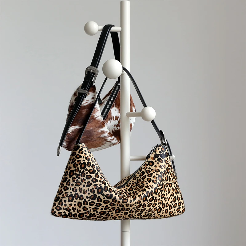 

Vintage Luxury Handbag Leopard Print Cow Pattern Real Horse Hair ShoulderBag New Fashion Zipper Shoulder Strap Adjustable Wallet