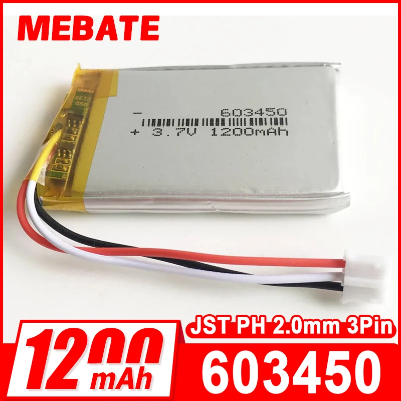 3.7V 1200mAh Lipo Polymer Lithium Rechargeable Battery 603450 + JST PH 2.0mm 3pin Connector For GPS DVD Recorder E-book camera