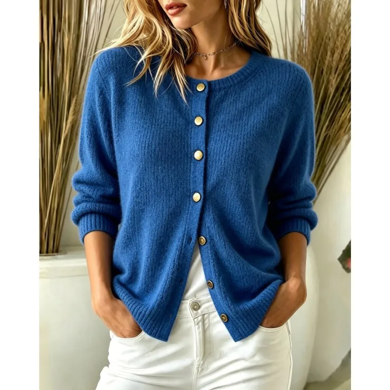 Autumn Winter Knitted Round Neck Sweater For Women Fashion Single Breasted Cardigan Simple Solid Color Versatile Office Sweaters