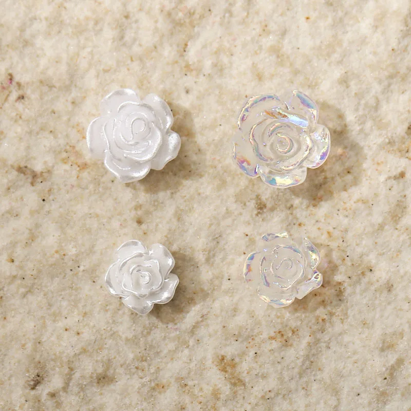 Mix 50PCS 6/8/10MM White Rose Flowers Charms For Wedding Nail Art Decoration 3D Resin Aurora And Glazed Petal Flower Pearl Beads