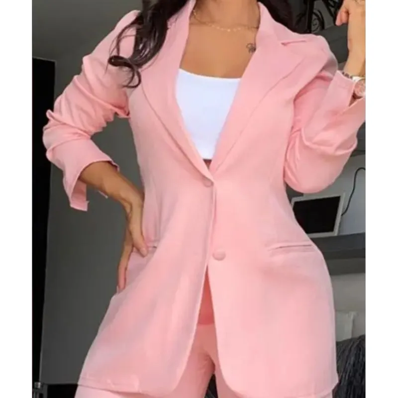 

Two Pieces Set For Women Spring Autumn Fashion Casual Solid Daily Commuter Notched Collar Blazer Coat & Pocket Design Pants Set