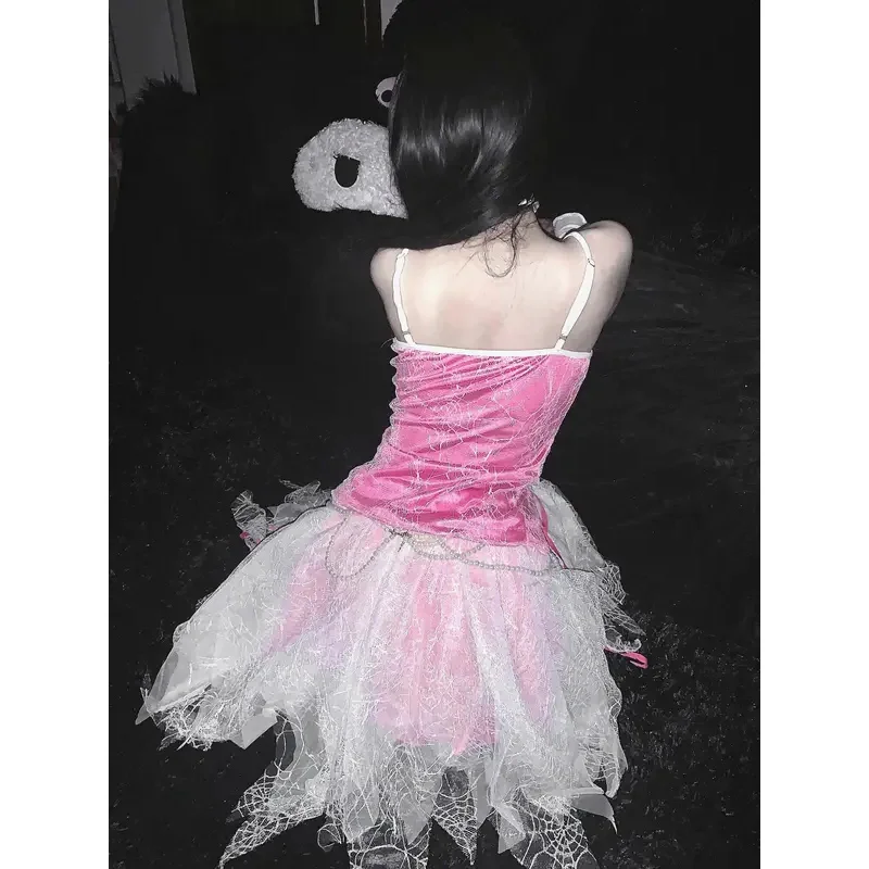Ballet Barbi Pink Subculture Dark Lace Heavy Industry Spider Girl Creative Cutting Half Skirt Spider Web Dancing Dress